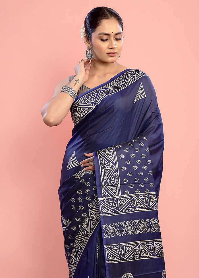 Blue Printed Pure Silk Saree With Blouse Piece - Indian Silk House Agencies