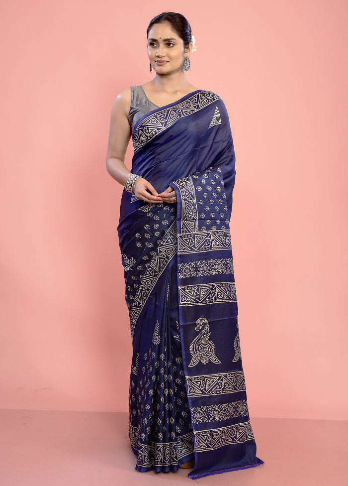 Blue Printed Pure Silk Saree With Blouse Piece - Indian Silk House Agencies