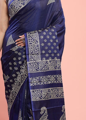 Blue Printed Pure Silk Saree With Blouse Piece - Indian Silk House Agencies