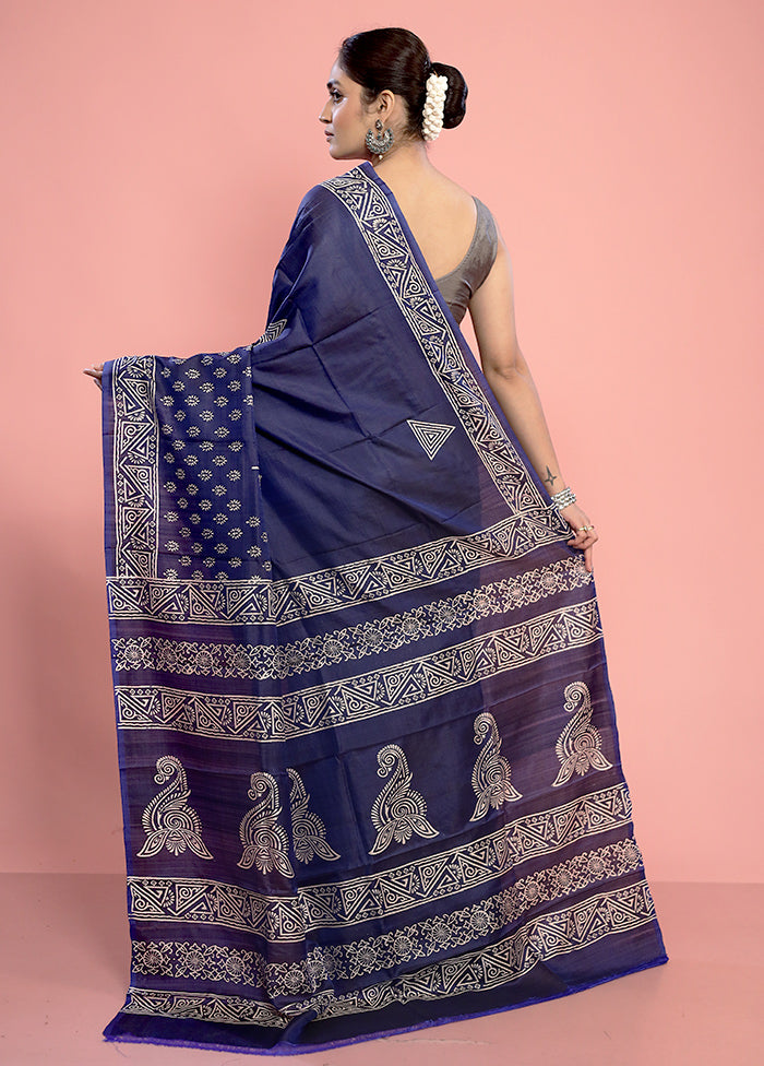 Blue Printed Pure Silk Saree With Blouse Piece - Indian Silk House Agencies