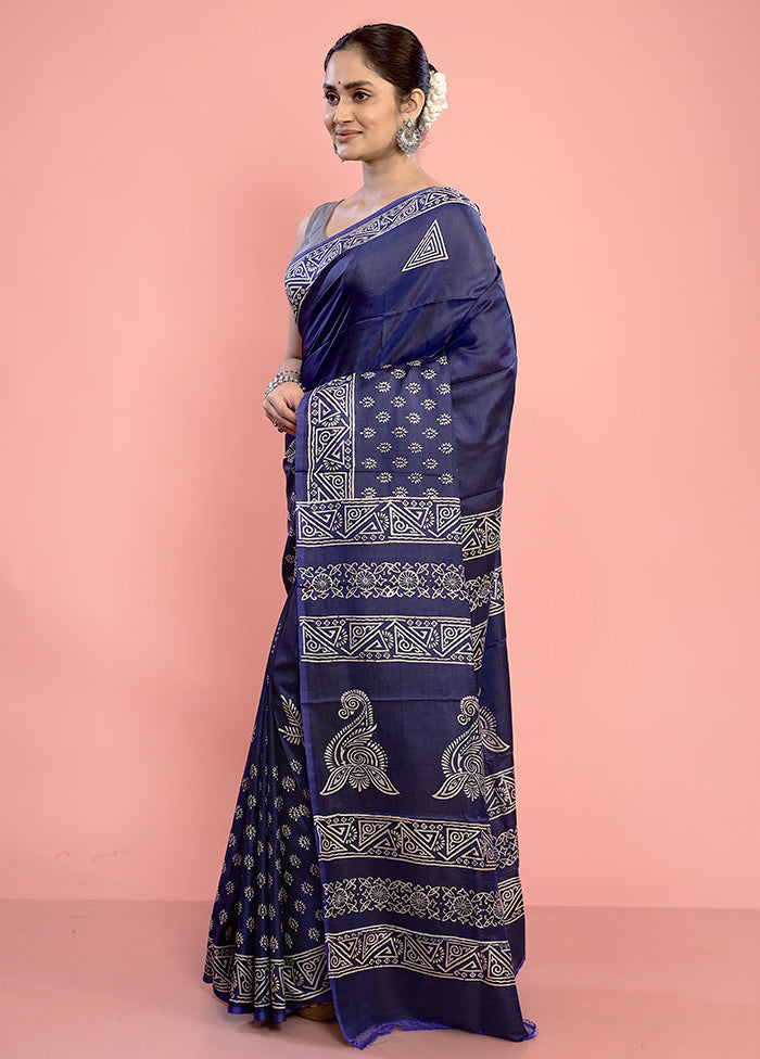 Blue Printed Pure Silk Saree With Blouse Piece - Indian Silk House Agencies