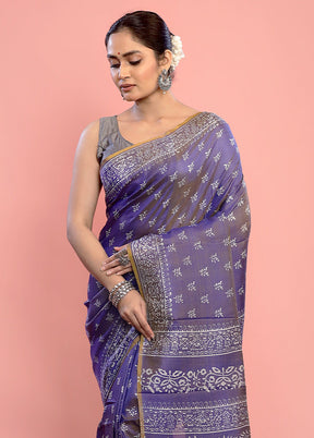 Purple Printed Pure Silk Saree With Blouse Piece - Indian Silk House Agencies