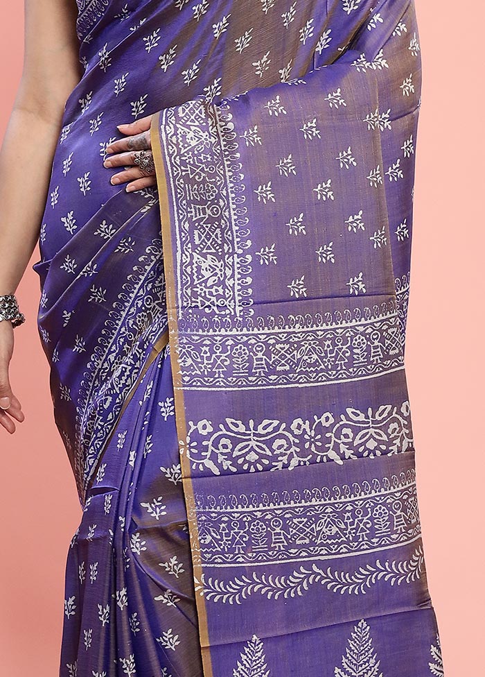 Purple Printed Pure Silk Saree With Blouse Piece - Indian Silk House Agencies