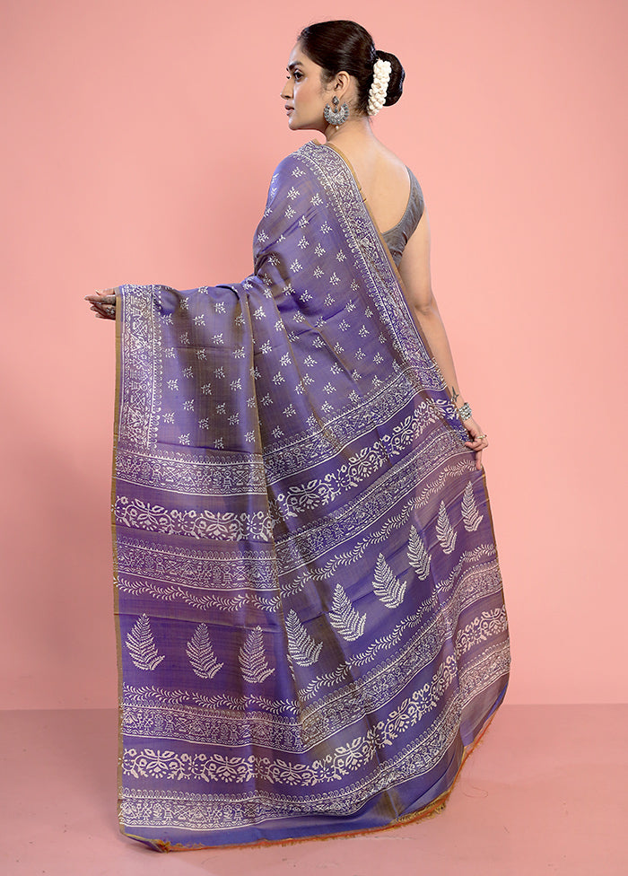 Purple Printed Pure Silk Saree With Blouse Piece - Indian Silk House Agencies