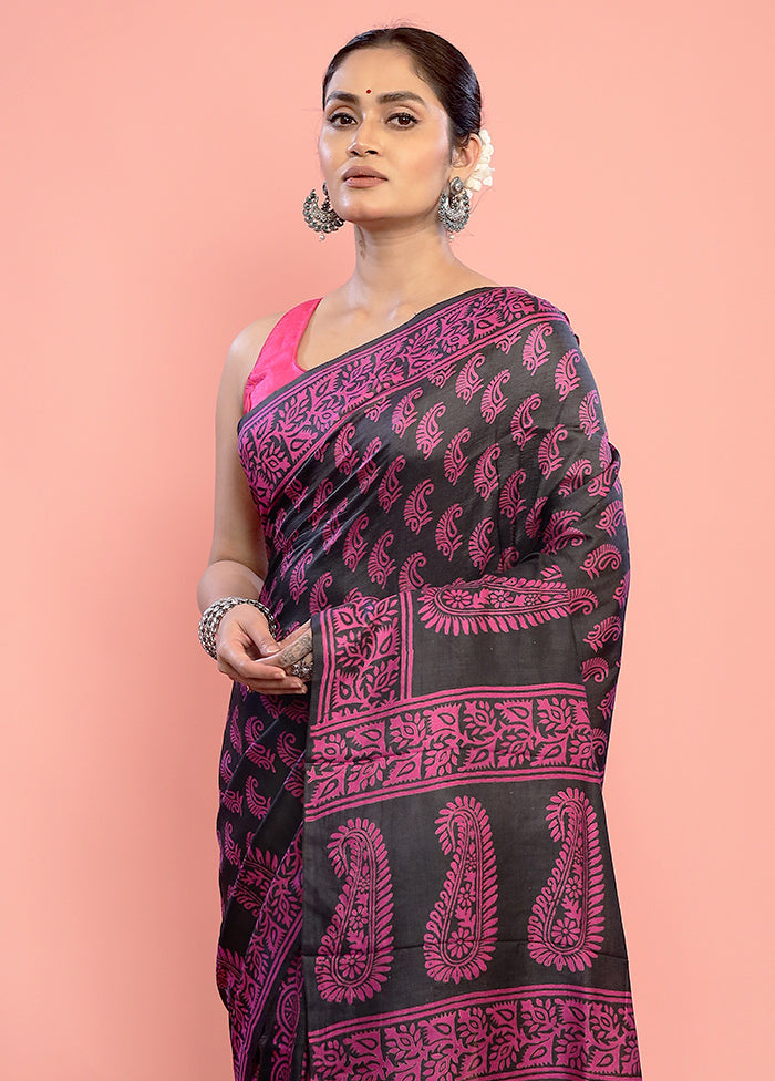 Black Printed Pure Silk Saree With Blouse Piece - Indian Silk House Agencies