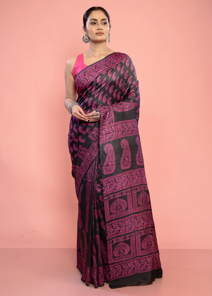 Black Printed Pure Silk Saree With Blouse Piece - Indian Silk House Agencies