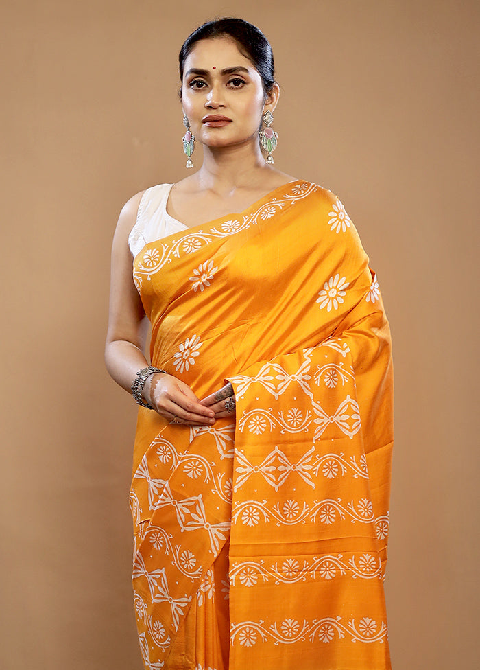 Yellow Printed Pure Silk Saree With Blouse Piece - Indian Silk House Agencies