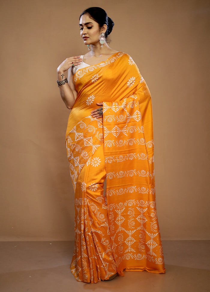 Yellow Printed Pure Silk Saree With Blouse Piece - Indian Silk House Agencies