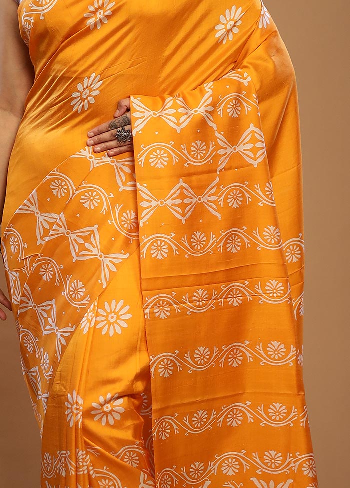 Yellow Printed Pure Silk Saree With Blouse Piece - Indian Silk House Agencies