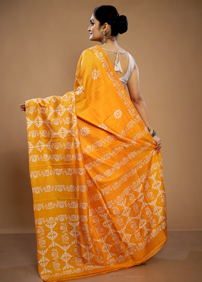 Yellow Printed Pure Silk Saree With Blouse Piece - Indian Silk House Agencies