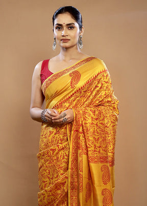 Yellow Printed Pure Silk Saree With Blouse Piece - Indian Silk House Agencies