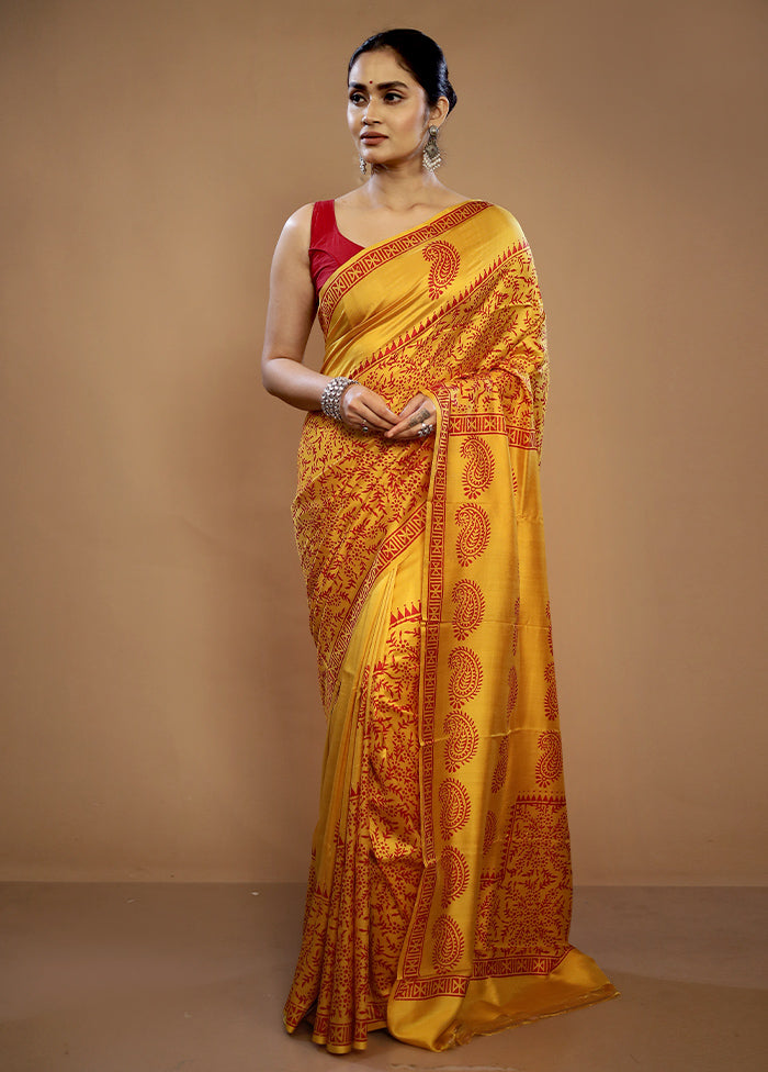 Yellow Printed Pure Silk Saree With Blouse Piece - Indian Silk House Agencies