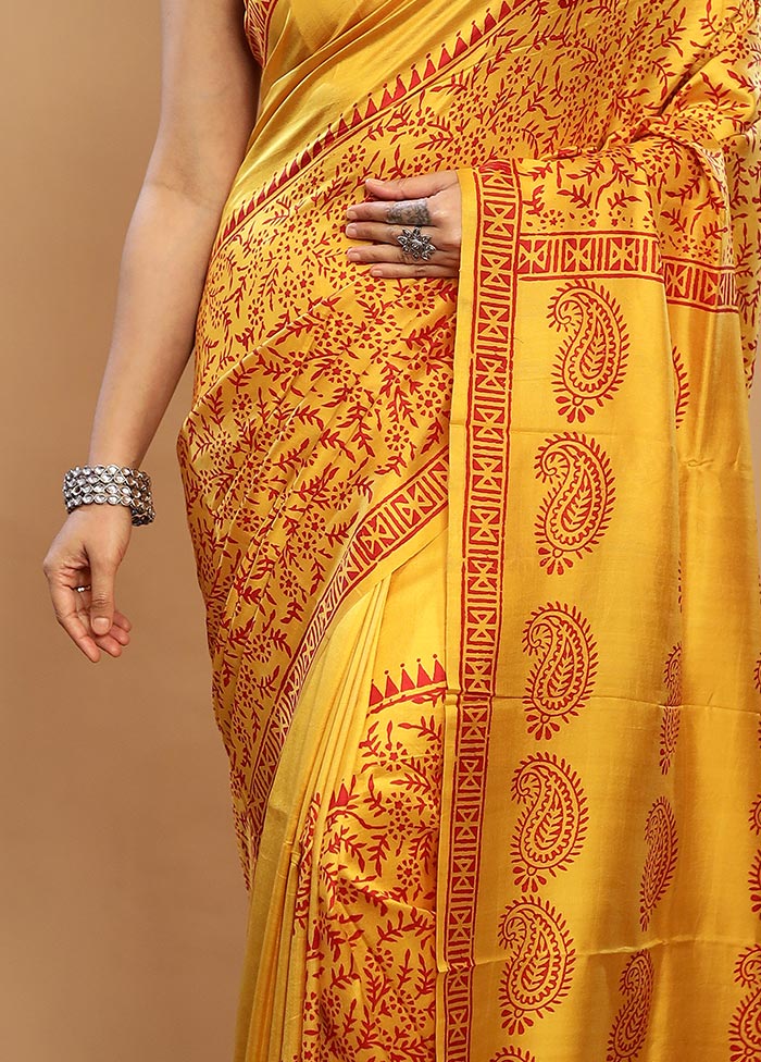 Yellow Printed Pure Silk Saree With Blouse Piece - Indian Silk House Agencies