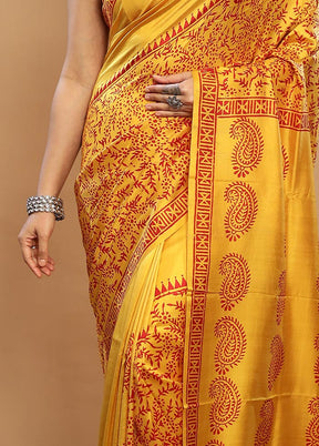 Yellow Printed Pure Silk Saree With Blouse Piece - Indian Silk House Agencies