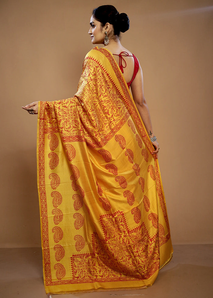 Yellow Printed Pure Silk Saree With Blouse Piece - Indian Silk House Agencies