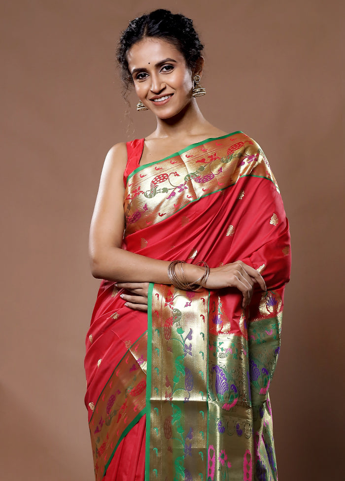 Red Paithani Kanjivaram Silk Saree With Blouse Piece - Indian Silk House Agencies