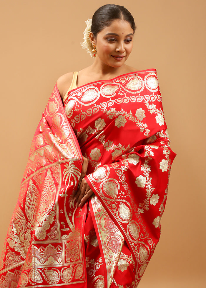 Red Banarasi Silk Saree With Blouse Piece