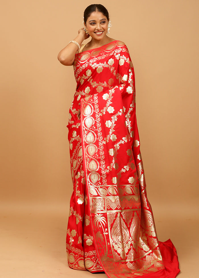 Red Banarasi Silk Saree With Blouse Piece