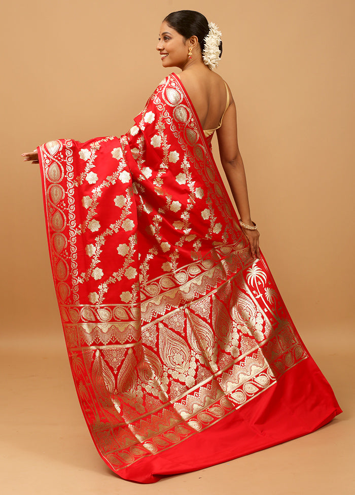 Red Banarasi Silk Saree With Blouse Piece