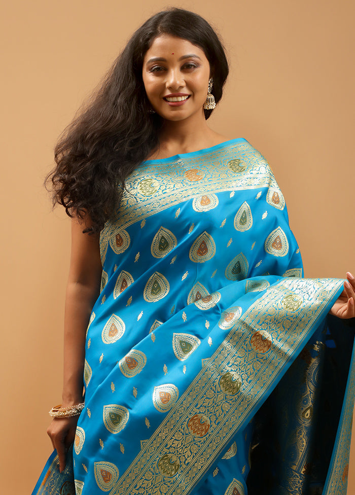 Blue Banarasi Silk Saree With Blouse Piece