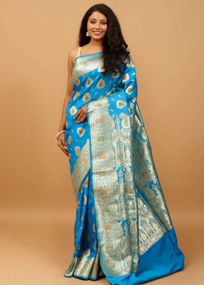 Blue Banarasi Silk Saree With Blouse Piece