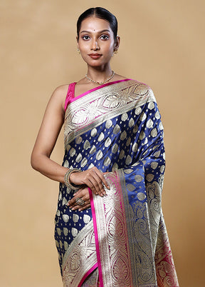 Blue Banarasi Silk Saree With Blouse Piece