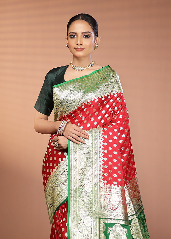Red Banarasi Silk Saree With Blouse Piece