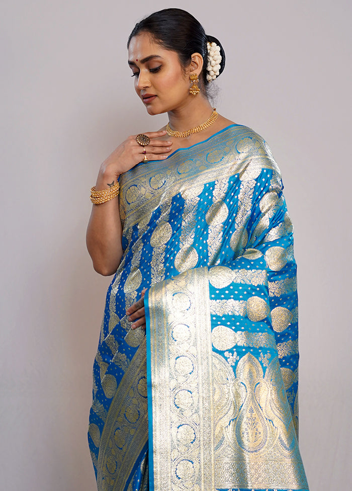 Blue Banarasi Silk Saree With Blouse Piece - Indian Silk House Agencies