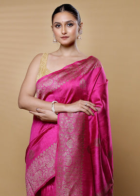 Pink Handloom Tussar Pure Silk Saree With Blouse Piece