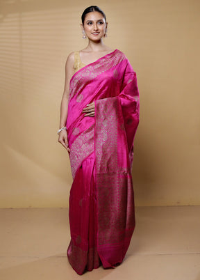 Pink Handloom Tussar Pure Silk Saree With Blouse Piece