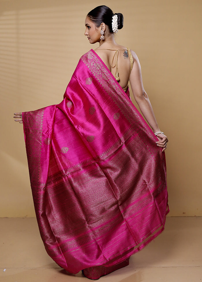 Pink Handloom Tussar Pure Silk Saree With Blouse Piece