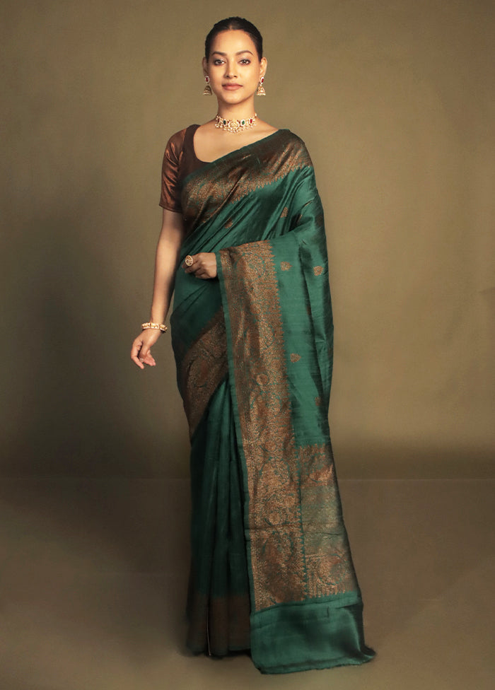 Green Handloom Tussar Pure Silk Saree With Blouse Piece