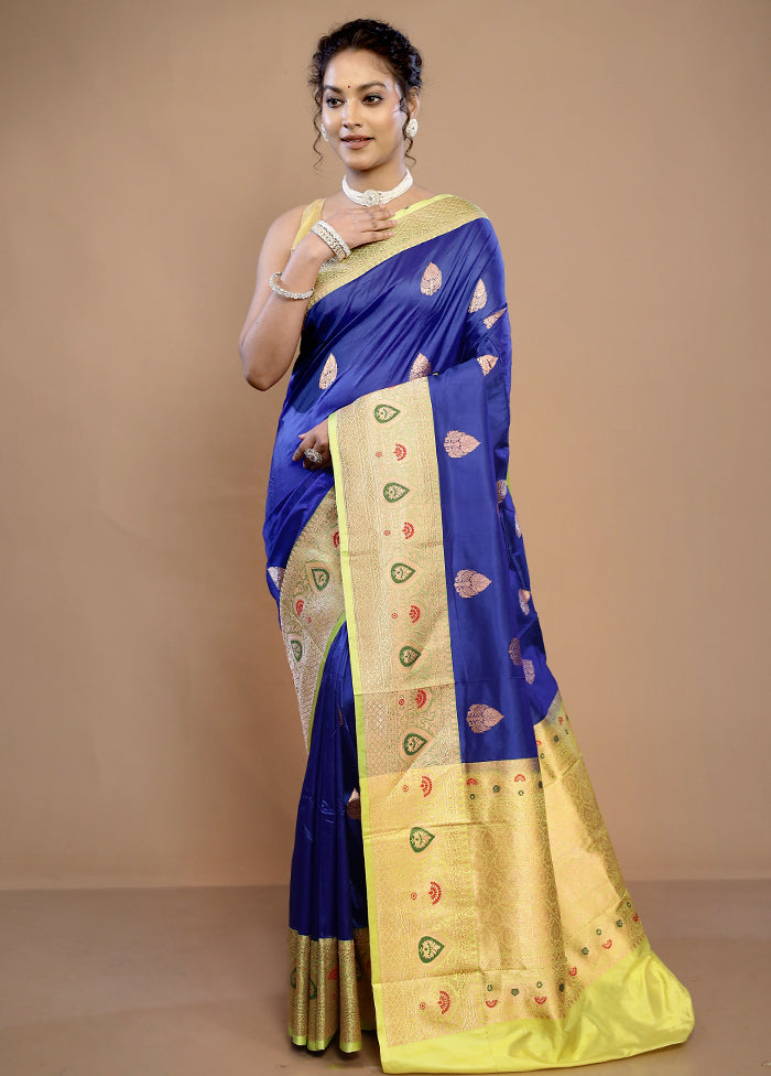 Blue Katan Pure Silk Saree With Blouse Piece - Indian Silk House Agencies