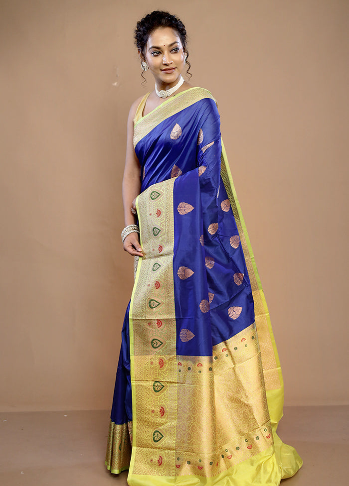 Blue Katan Pure Silk Saree With Blouse Piece - Indian Silk House Agencies