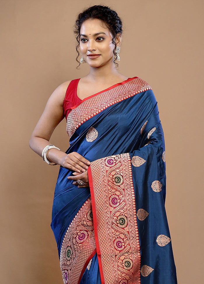 Blue Katan Pure Silk Saree With Blouse Piece - Indian Silk House Agencies