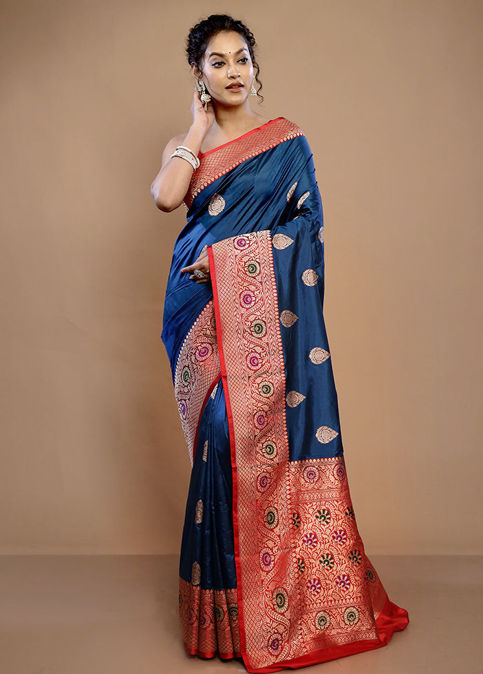 Blue Katan Pure Silk Saree With Blouse Piece - Indian Silk House Agencies