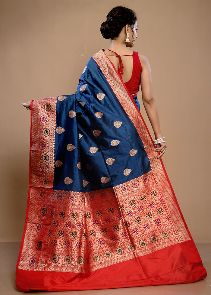 Blue Katan Pure Silk Saree With Blouse Piece - Indian Silk House Agencies