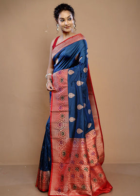 Blue Katan Pure Silk Saree With Blouse Piece - Indian Silk House Agencies