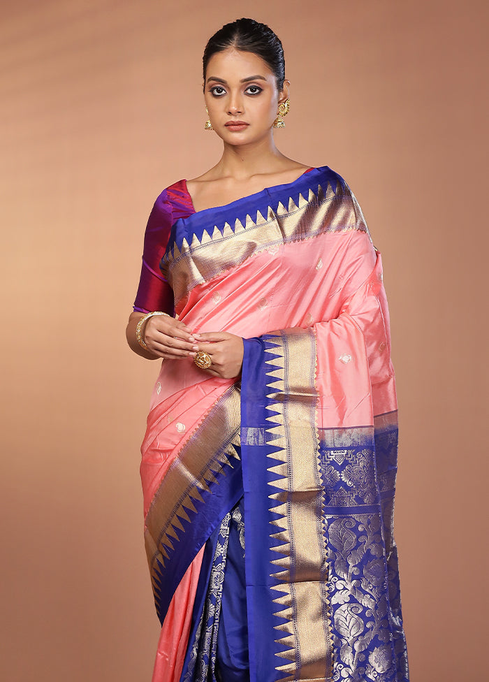Pink Handloom Kanjivaram Pure Silk Saree With Blouse Piece