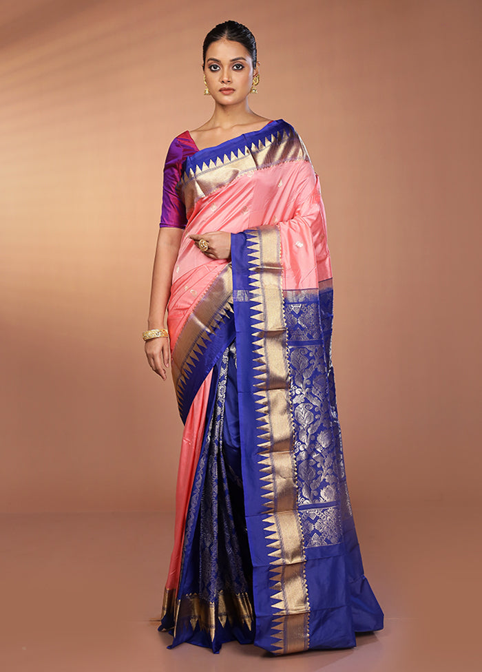 Pink Handloom Kanjivaram Pure Silk Saree With Blouse Piece