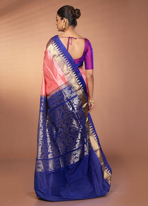 Pink Handloom Kanjivaram Pure Silk Saree With Blouse Piece
