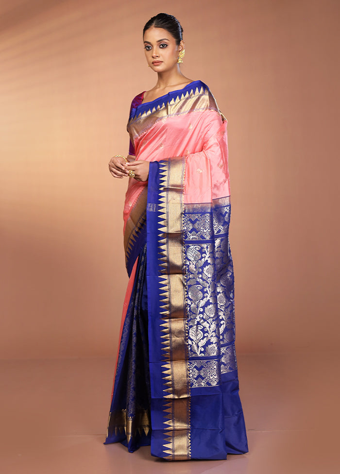 Pink Handloom Kanjivaram Pure Silk Saree With Blouse Piece