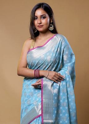 Blue Kora Silk Saree With Blouse Piece