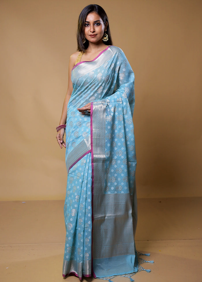 Blue Kora Silk Saree With Blouse Piece