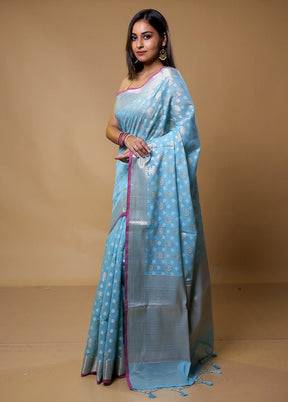 Blue Kora Silk Saree With Blouse Piece