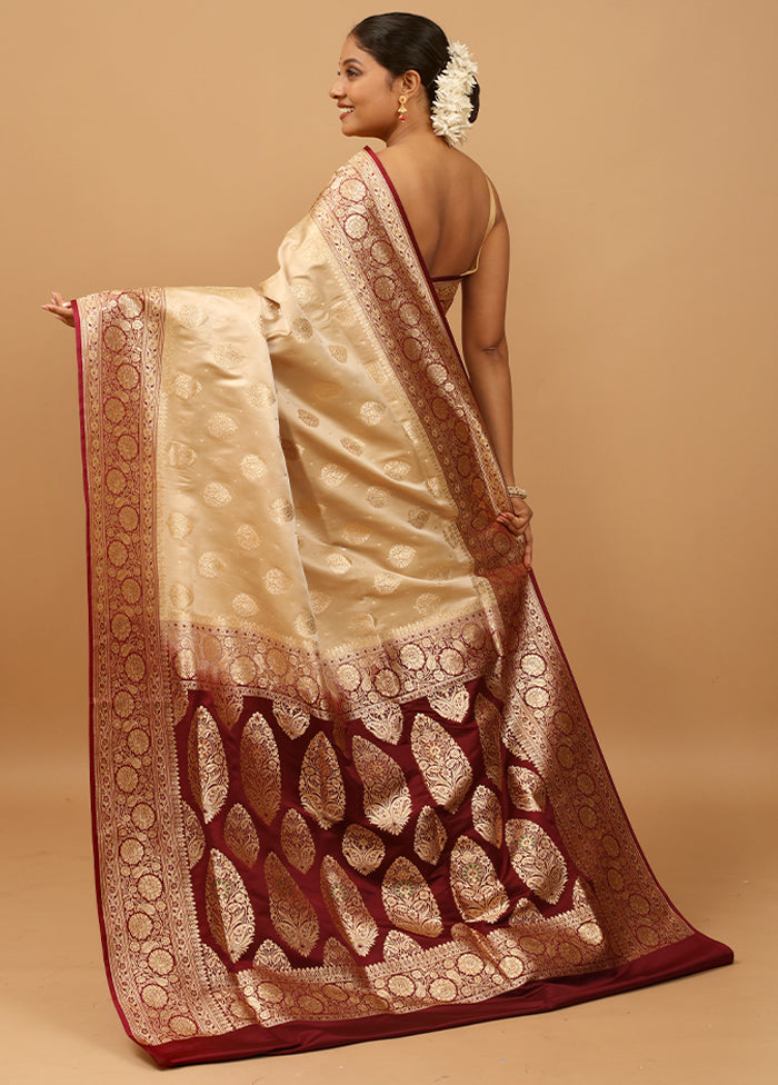 Cream Banarasi Silk Saree With Blouse Piece