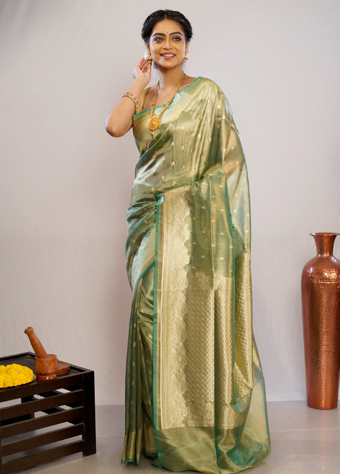 Green Tissue Silk Saree With Blouse Piece - Indian Silk House Agencies