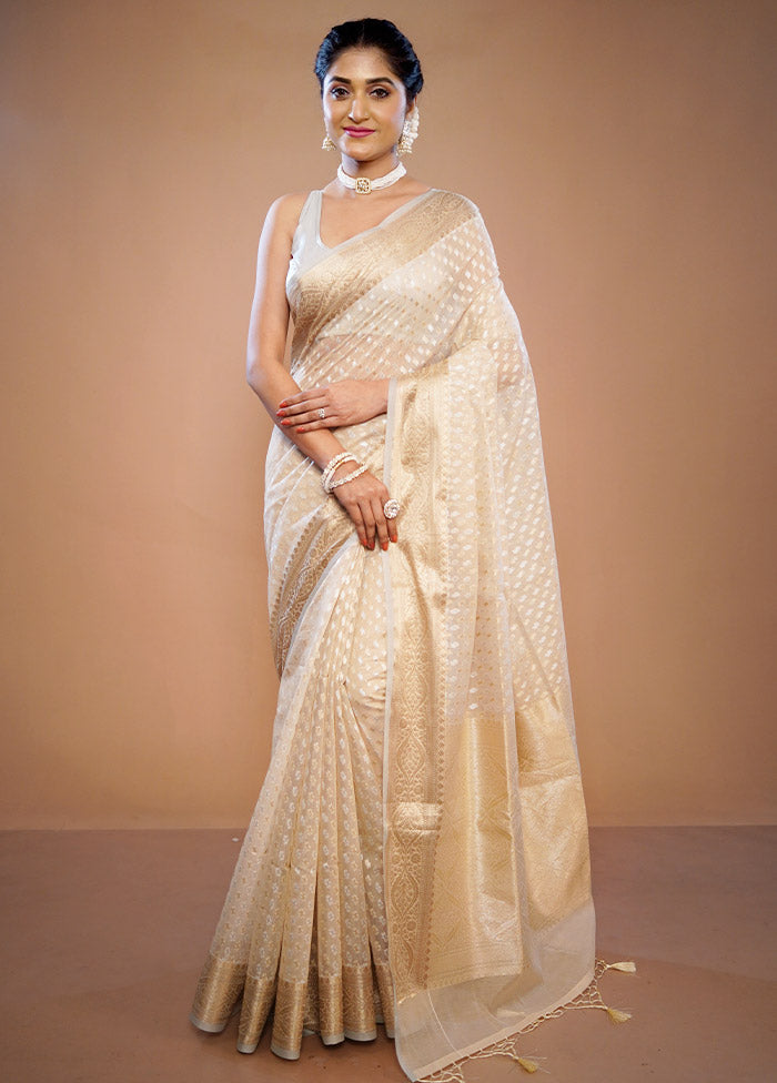 Cream Kora Silk Saree With Blouse Piece - Indian Silk House Agencies