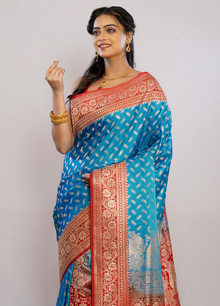 Blue Banarasi Pure Silk Saree With Blouse Piece - Indian Silk House Agencies