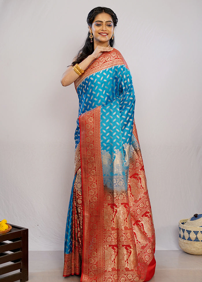 Blue Banarasi Pure Silk Saree With Blouse Piece - Indian Silk House Agencies